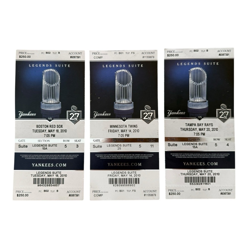 Yankees Legends Suite Ticket Stubs 5pc May 2010 Red Sox Twins Rays Vintage